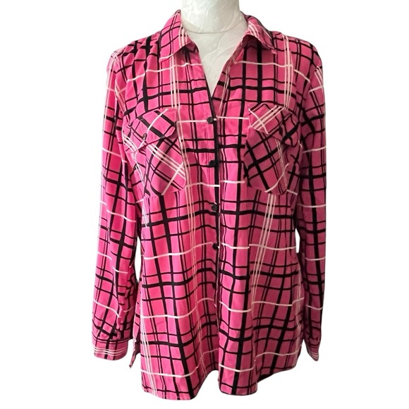 Kim Rogers Tops - Kim Rogers Sz XL Plaid Viewbox Long Sleeve Blouse Patch Pockets Office Casual